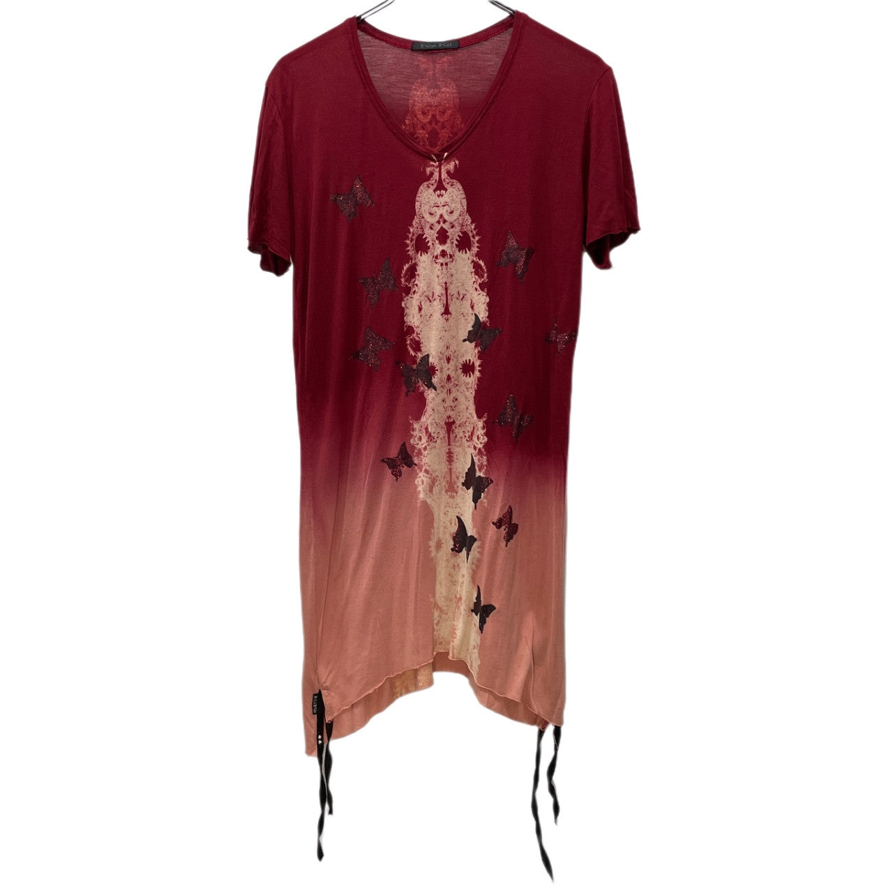 KMRii 抜染バタフライラメプリントグラデーションVネックモダールカットソー Tシャツ Tee T-shirt 蝶々 トップス Y2K ケムリ メンズ
