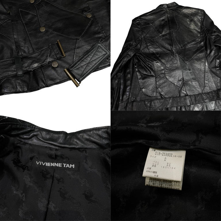 VIVIENNE TAM カウレザーパッチワークノーカラーダブルライダースレザージャケット Archive Vintage 90s 00s ブルゾン コート アウター ヴィヴィアンタム レディース