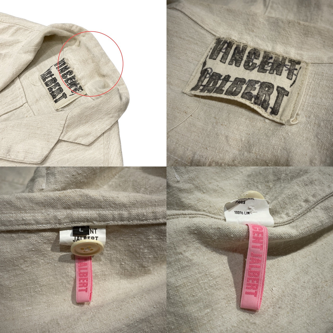 VINCENT JALBERT 6 BUTTONS JACKET (FULL VINTAGE LINEN) ヴィンテージフレンチリネン6ボタンワークジャケット テーラード ブルゾン コート アウター L ヴィンセントジャルベール メンズ