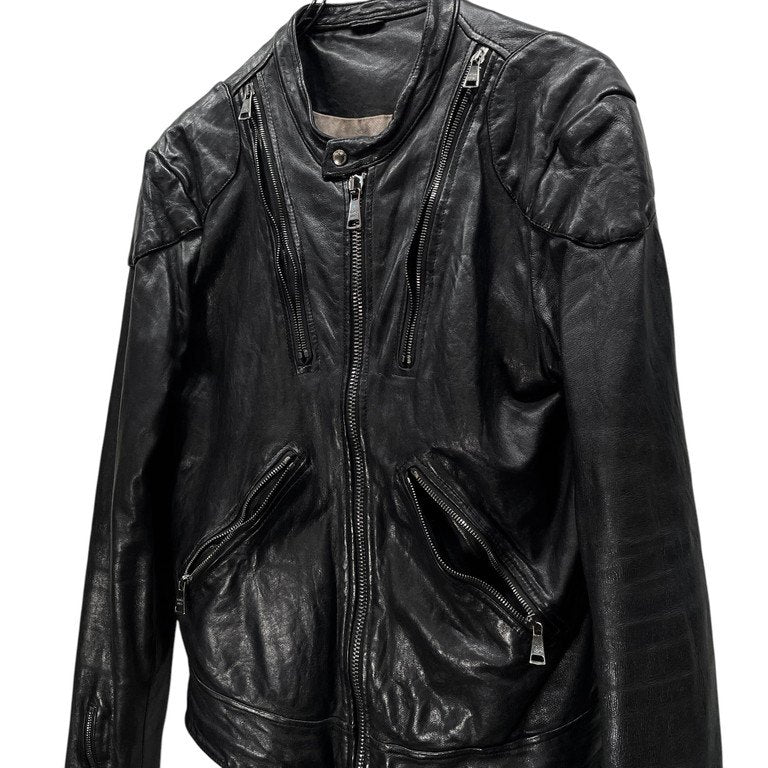 GIORGIO BRATO ラムレザーノーカラーモーターサイクルジャケット シングル ライダース ブルゾン コート アウター ダブルジップ ジョルジオブラット メンズ