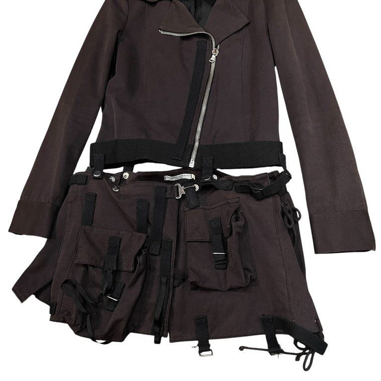 hussein chalayan 02AW キャンバスコットンカットオフ立体ポケットスカートドッキングライダースジャケット Archive ブルゾン アウター 脱着 フセインチャラヤン レディース