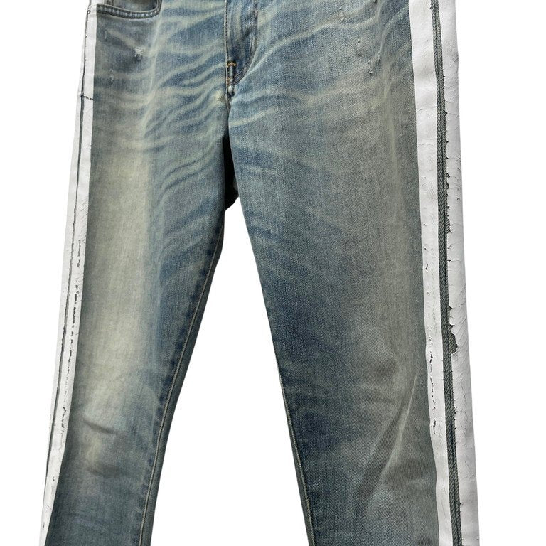 AMIRI ダメージウォッシュ加工サイドラインプリントストレッチスキニーデニムパンツ スリムシルエット ボトムス 側章 ストライプ アミリ メンズ