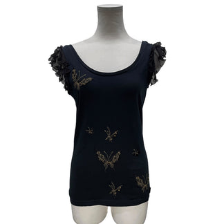 John Galliano 蝶々刺繍フリルタンクトップ ノースリーブカットソー Tシャツ トップス Archive ジョンガリアーノ レディース
