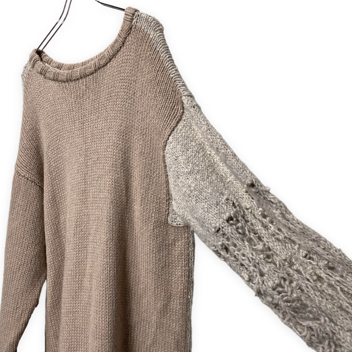 BODYSONG 19AW オーバーサイズ袖ダメージ加工アシンメトリーバイカラーニットセーター トップス ボディソング メンズ レディース ユニセックス