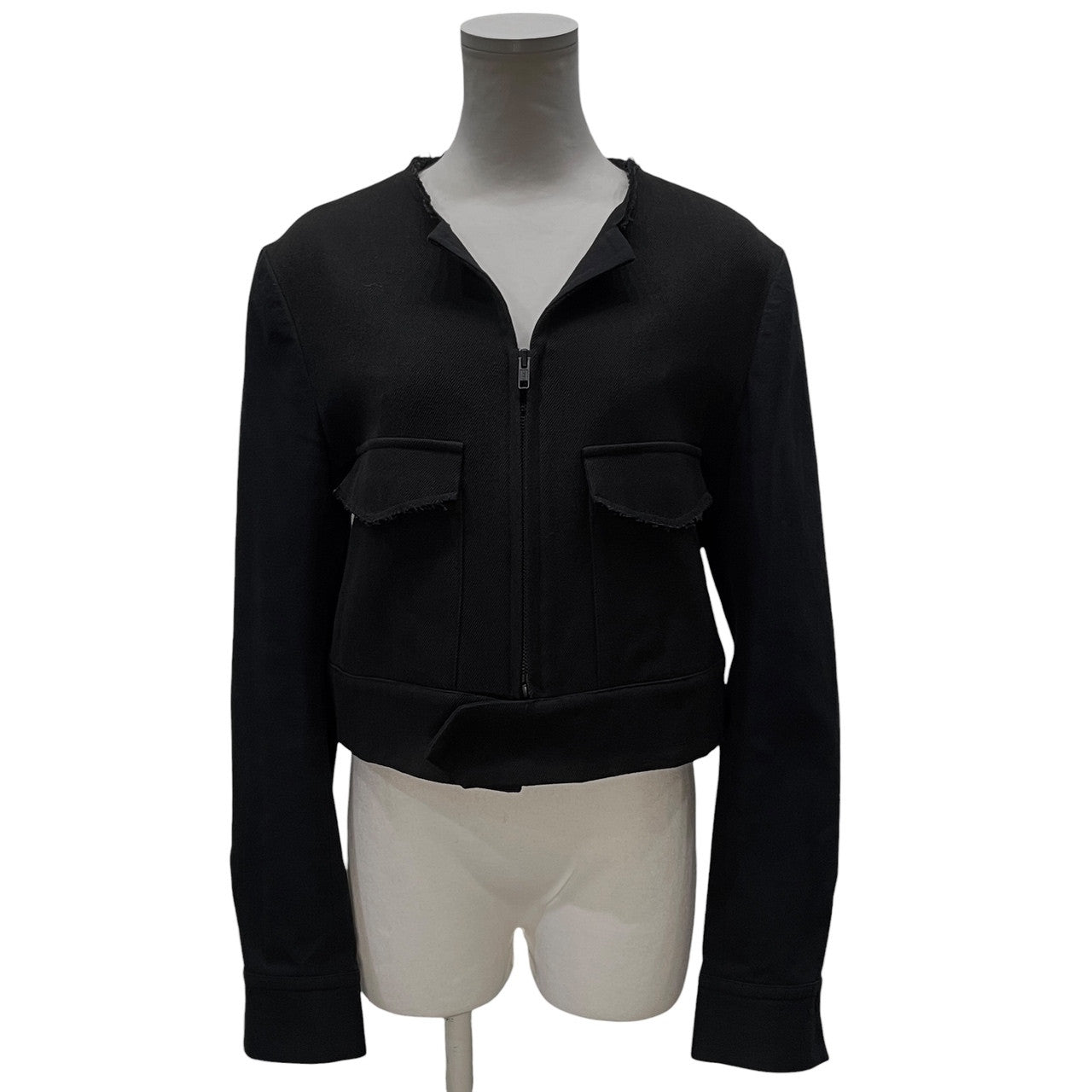 Y's 袖切替ウールカットオフノーカラーショートジャケット 裁ち切り ブルゾン コート アウター Yohji Yamaomto Femme ヨウジヤマモトファム ワイズ レディース