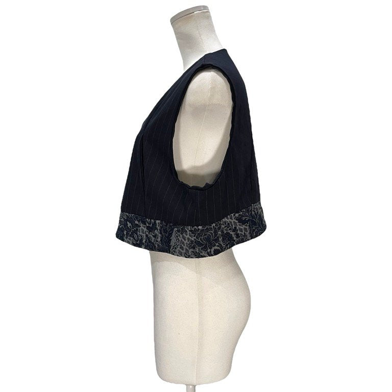 COMME des GARCONS 93SS 裾フラワーダマスクジャカード切替ウールストライプVネックベスト プルオーバー ノースリーブ トップス アウター 花柄 Archive 90s Ultrasimple ウルトラシンプル コムデギャルソン レディース