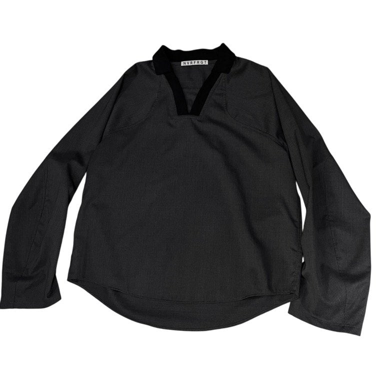 NVRFRGT exclusive for STUDIOUS COLLARED V-NECK PULLOVER TOP 別注 ポリエステルウールストライププルオーバーシャツ ブラウス トップス EXST241J02 定価27,500円 ネバーフォーゲット メンズ