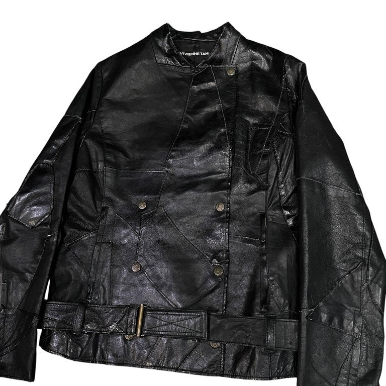 VIVIENNE TAM カウレザーパッチワークノーカラーダブルライダースレザージャケット Archive Vintage 90s 00s ブルゾン コート アウター ヴィヴィアンタム レディース