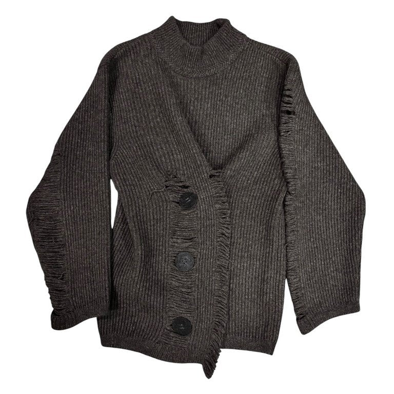 ISSEY MIYAKE 81AW ボタンアップフリンジデザインモックネックプルオーバーニットセーター トップス Archive 80s イッセイミヤケ レディース