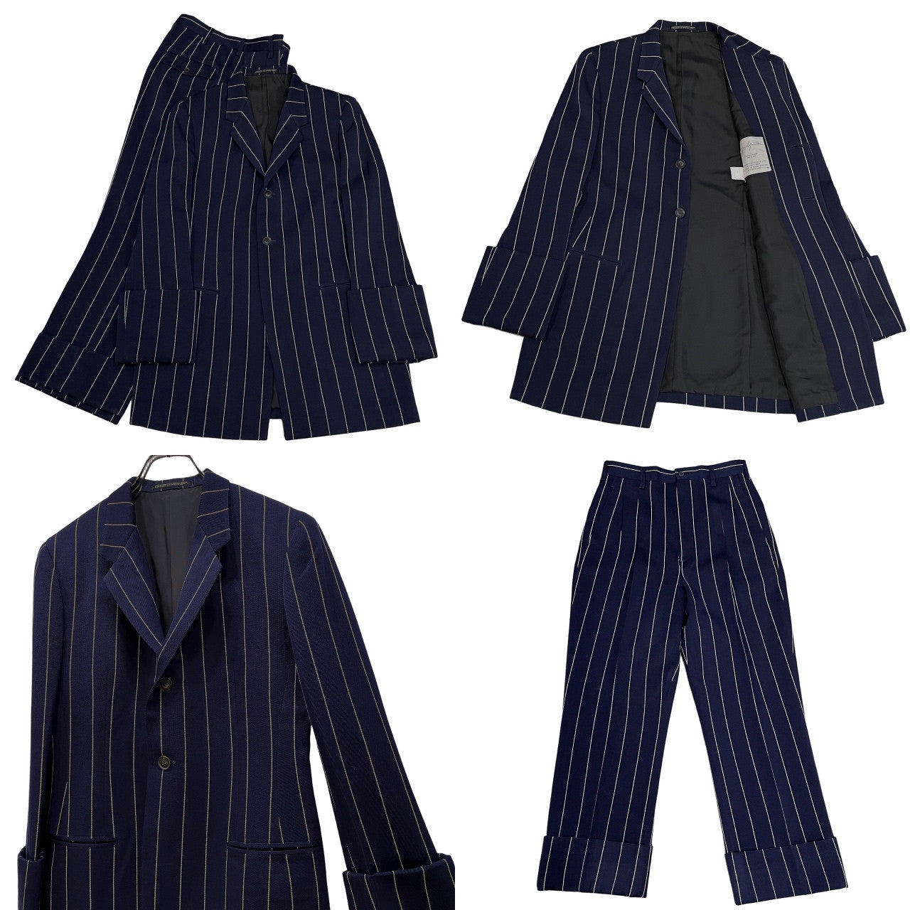 Yohji Yamamoto Femme 93AW コートカフスストライプセットアップスーツ Archive 90s 脱色期 テーラードジャケット パンツ ブルゾン アウター ボトムス ヨウジヤマモトファム レディース