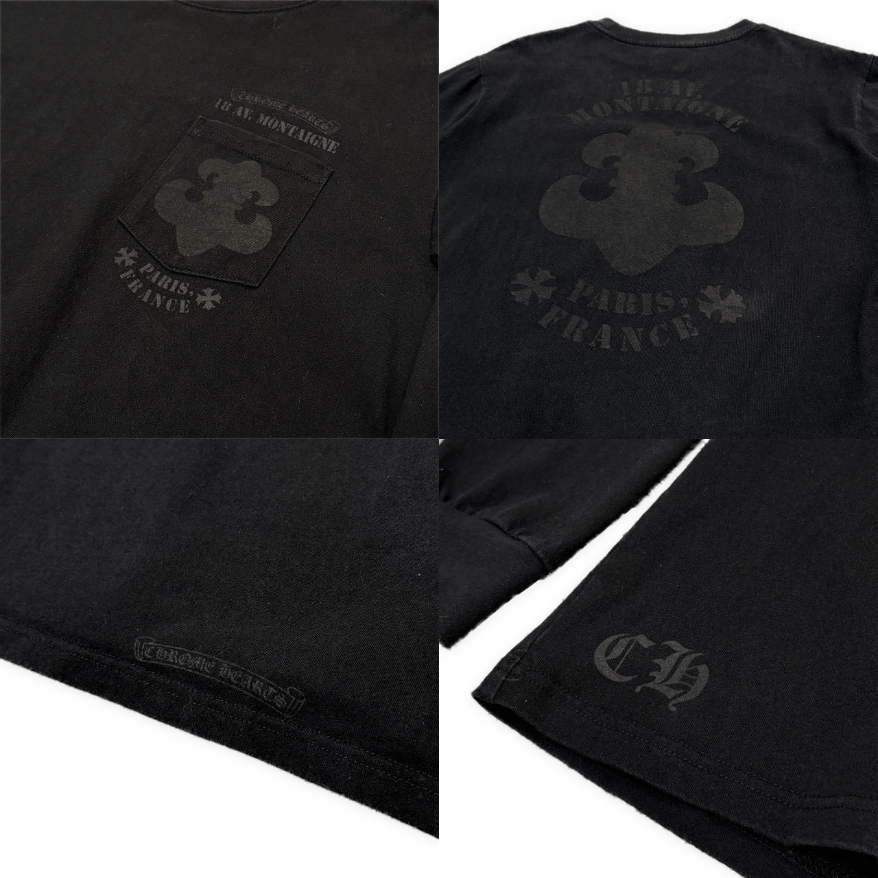 CHROME HEARTS 18 AV. Montaigne L S Tee Long Sleeve パリ直営店限定 BSフレアスクロールラベルプリント袖リブポケットTシャツ カットソー トップス CHロゴ 長袖 クロムハーツ メンズ