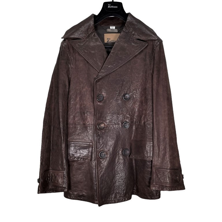 John Galliano Brown calf leather double-breasted coat