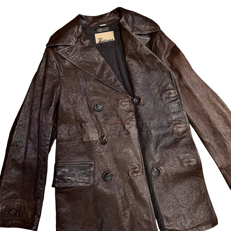 John Galliano Brown calf leather double-breasted coat